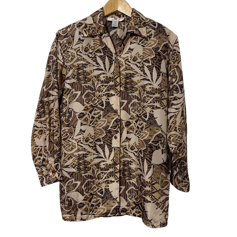 Stunt Floral Silk Button Up Shirt Size Womens Petite PS Lightweight Fall Casual